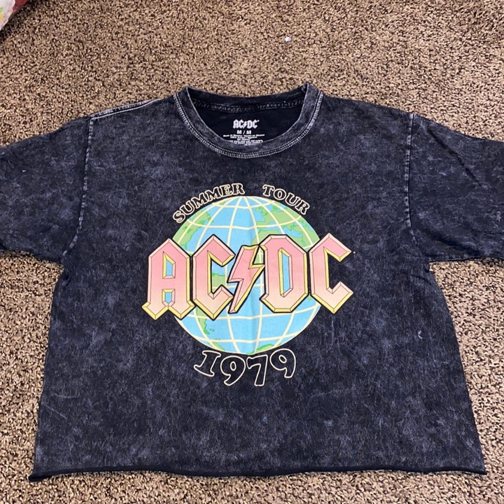 AC/DC black crop top with print on front, black with white “wash”